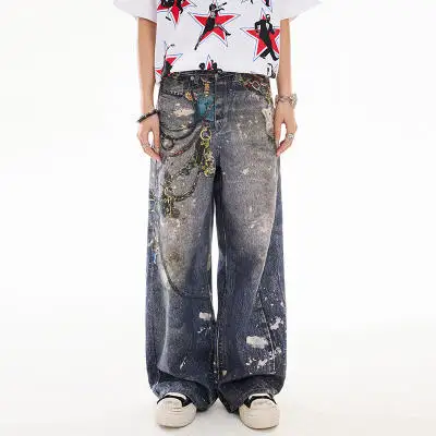 Korean Trendy Harajuku Streetwear Y2K Candy Chain 3D Printed Baggy Jeans Men's Hip-hop Retro Punk Straight Wide-leg Pants