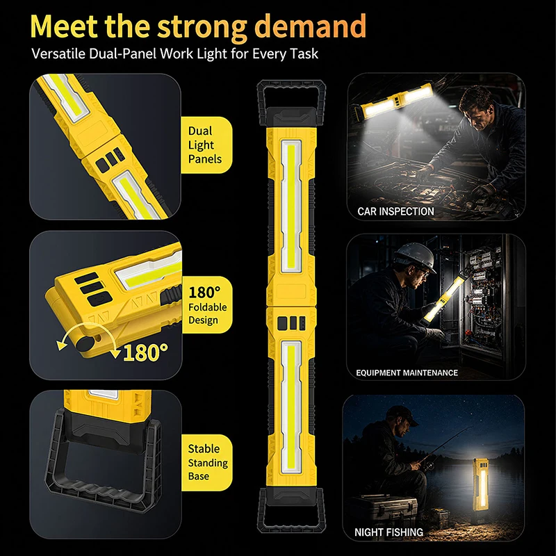 2000LM Magnetic Underhood LED Work Light Foldable for Car Repair 5200mAh Rechargeable Portable Cordless COB Flood Mechanic Light