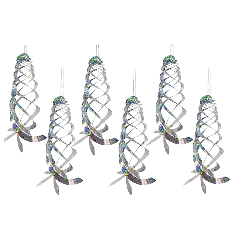 6 Pack Bird Repellent Spiral Reflectors Silver Mylar Spinner, Hanging Reflective Bird Deterrent Device Garden Decorative-AA68