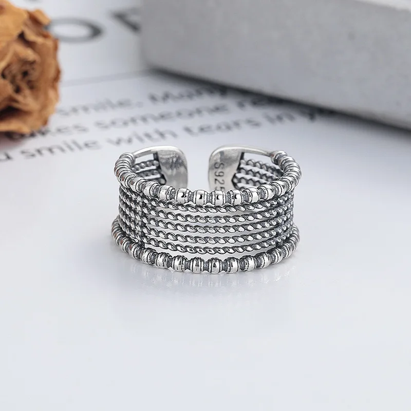 925 Sterling Silver Rings For Women Vintage Handmade Adjustable Retro Ring Fashion Band Female Bijoux Gift