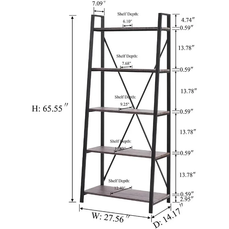 BON AUGURE-5-Tier Wood and Metal Ladder Shelf, Industrial Leaning Bookcase, Dark Grey Oak, 14.17 