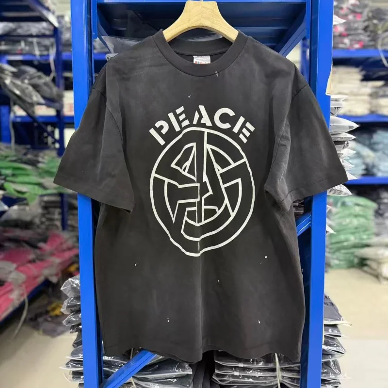 Men Black Peace Print T-Shirt Washed Gothic Punk Grunge Y2K Oversized Tee