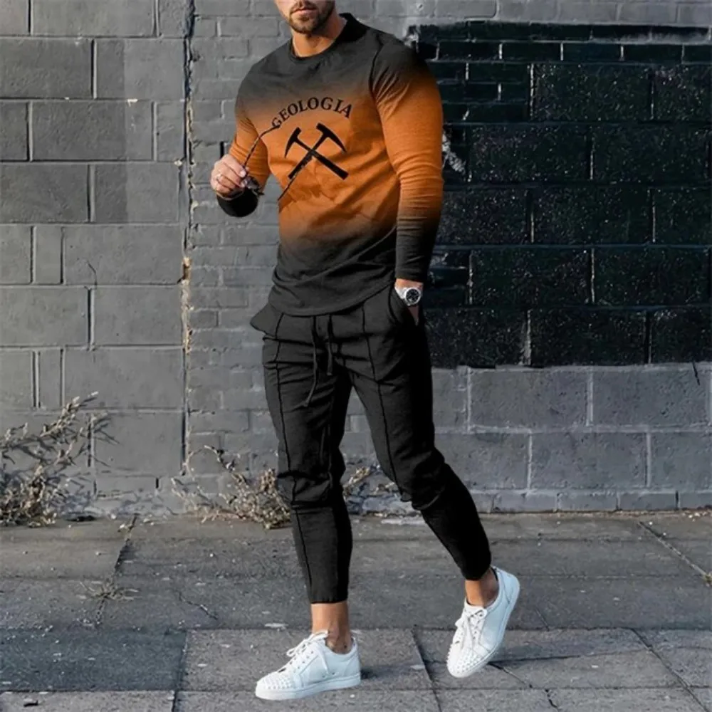 New Men's Personalized Splicing Printed Breathable Round Neck T-shirt Pants Set Summer Outdoor Fashion Clothing