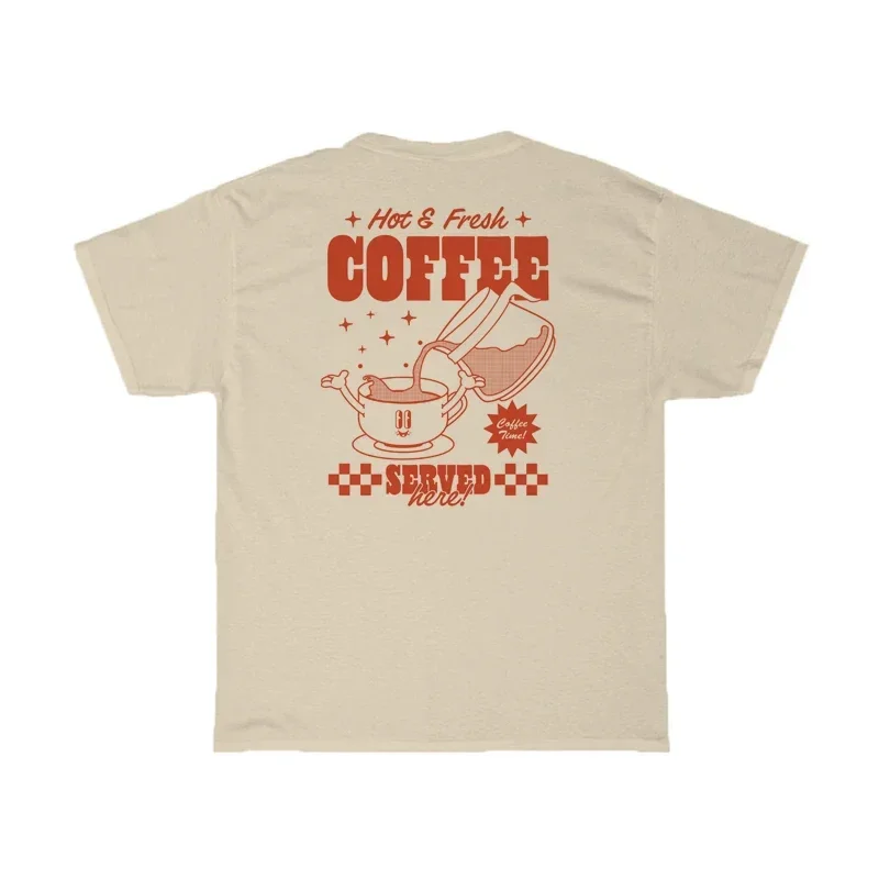 Cute Funny Caffeine T-Shirts Back Print Retro Cartoon Coffee T Shirt Plus Size Women Coffee Lover Shirt Loose Graphic Tees Tops