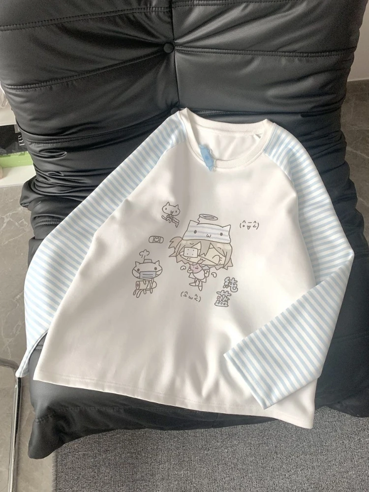 Harajuku Kawaii كم طويل تي شيرت المرأة عادية الكرتون طباعة مخطط الأعلى الحلو اليابانية لطيف ربيع الخريف 2025 وصول جديد #2