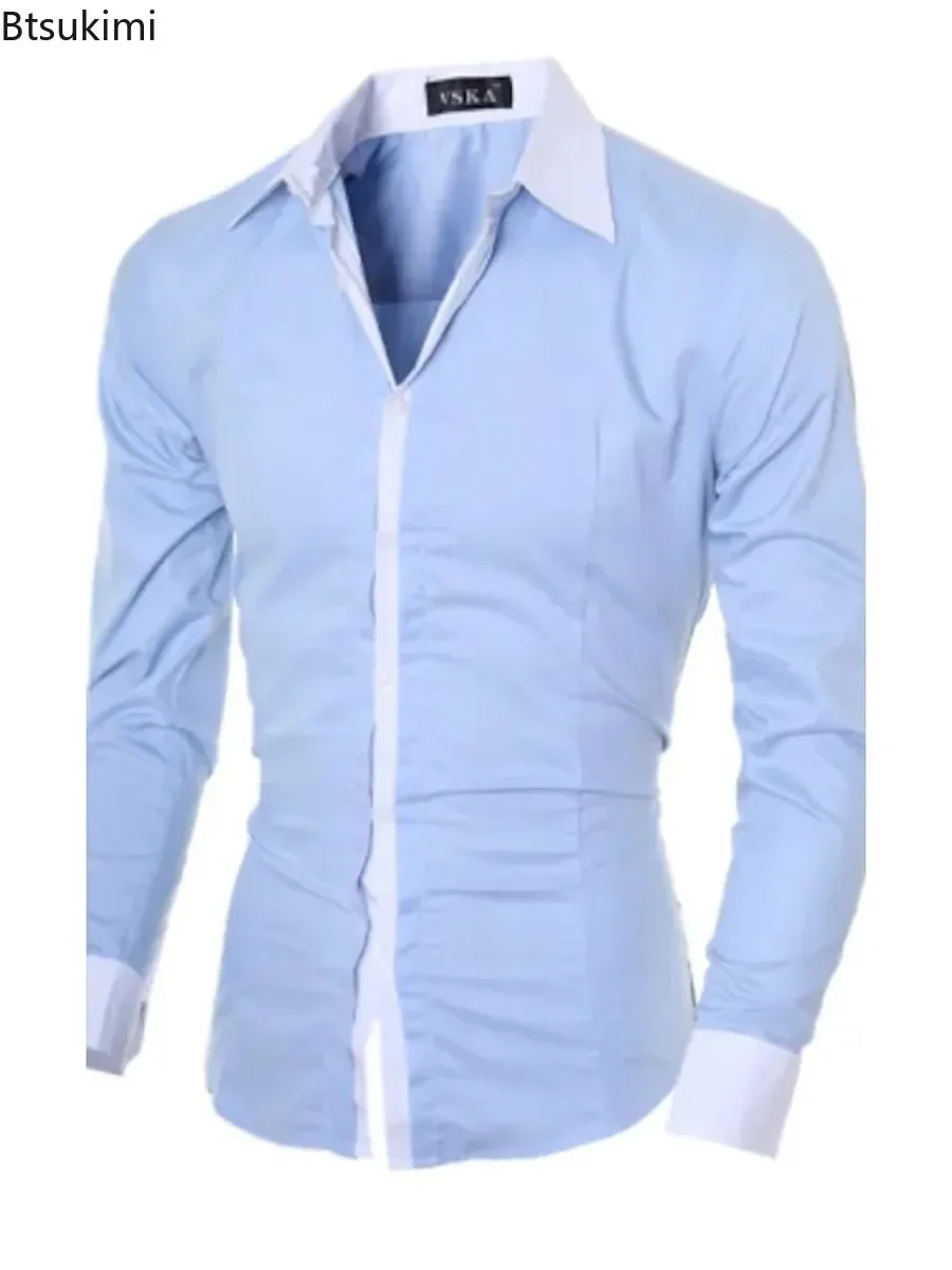 2025 Spring Autumn Dress Shirts for Men Fashion Patchwork Formal Business Social Long Sleeve Shirt Male Slim Casual Office Shirt