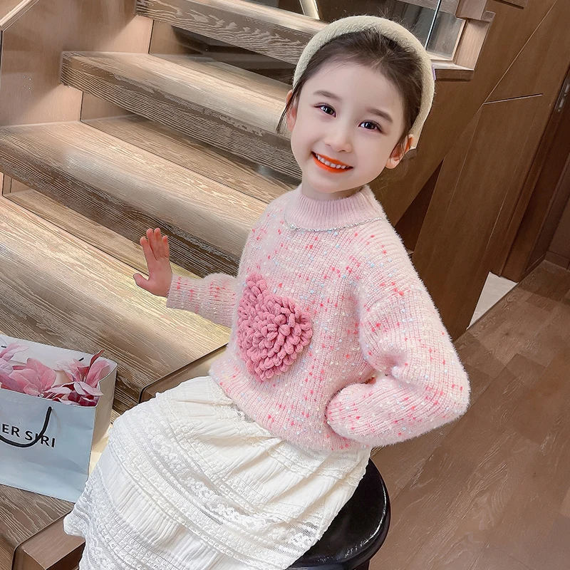 جميل نمط الطفل 3D القلب سترة للأطفال فتاة لطيف لون الحلوى تريكو الخريف ملابس طفل رضيع أزياء محبوك الزي