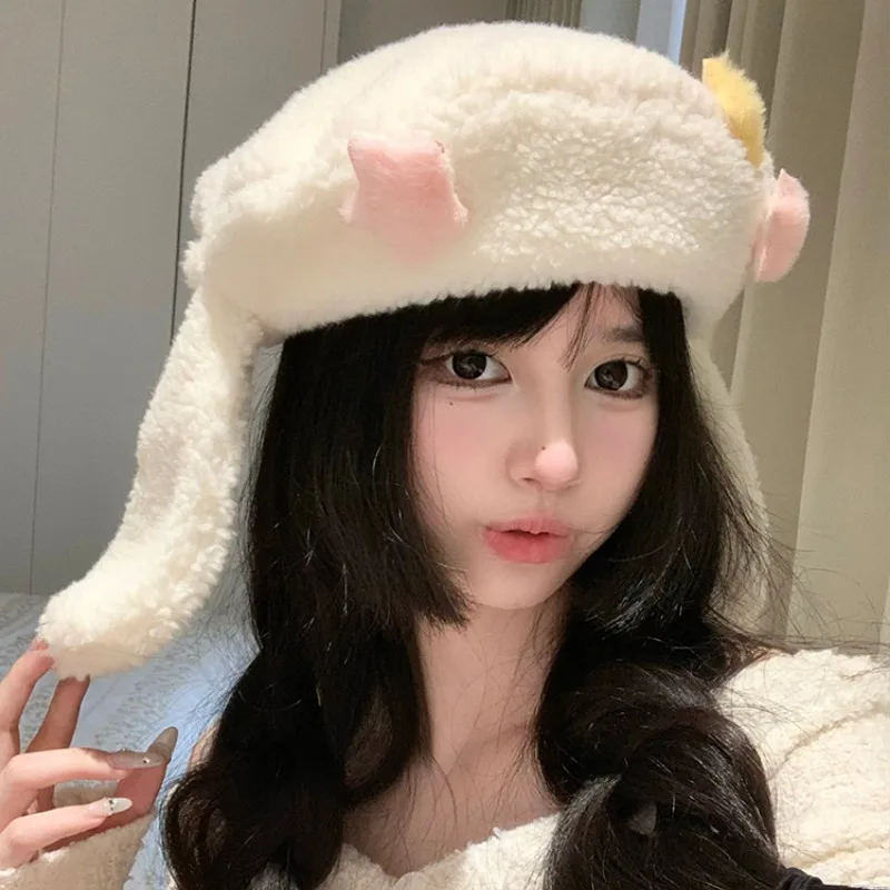 Japanese Cute Lamb Wool Star Decoration Long Rabbit Ear Beret Women\'s Autumn and Winter Warm Sweet Versatile Fashion Painter Hat