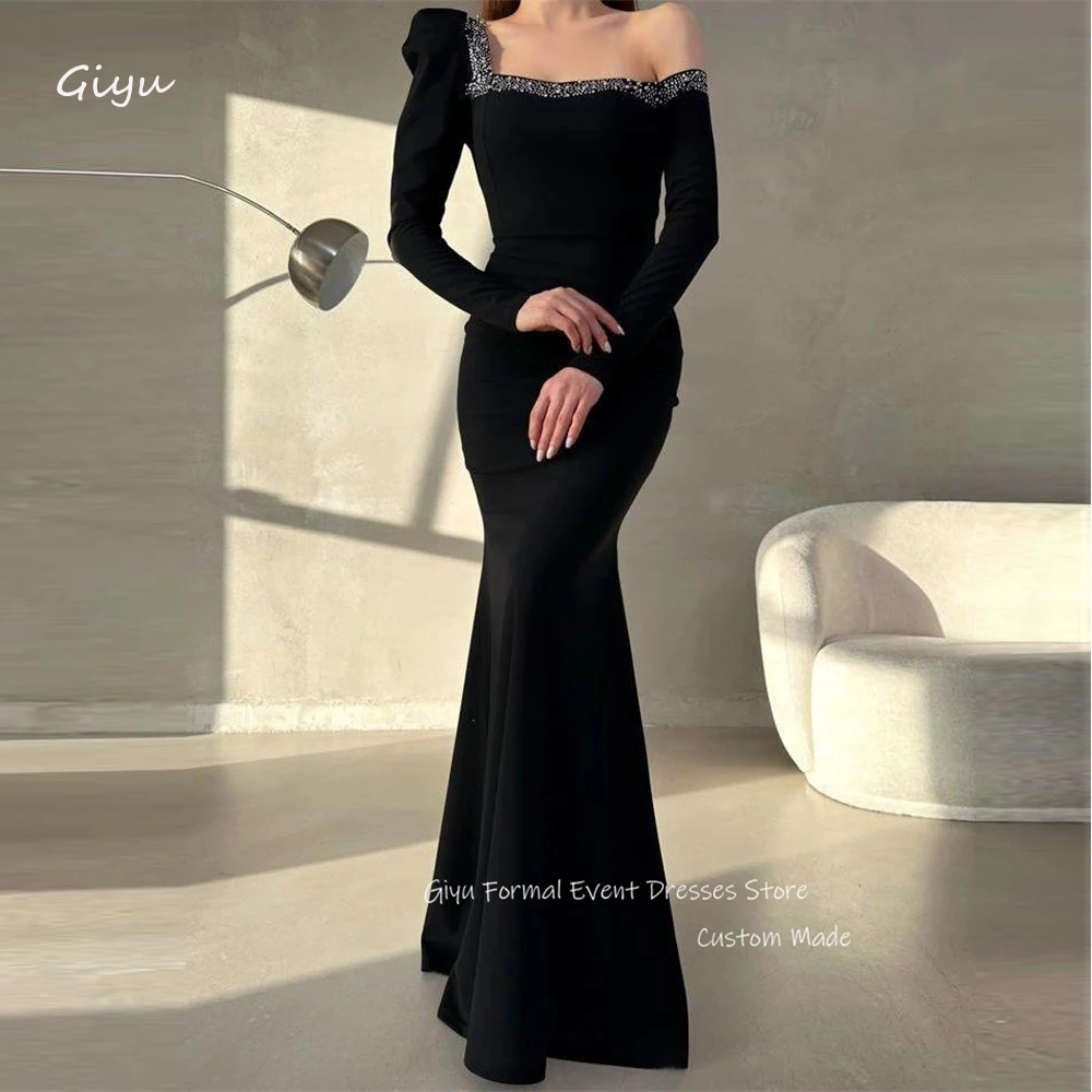 

Giyu Elegant Black Mermaid Evening Dresses Shiny Beads Long Sleeves Floor length Dubai Arabic Women Formal Occasion Dress