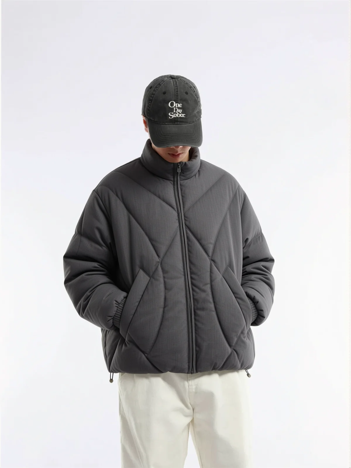 Gray Drawstring Hem Thickened Stand Collar Men's Cotton Jacket Bread Style Warmth Outerwear Trendy Brand Polyester Fiber