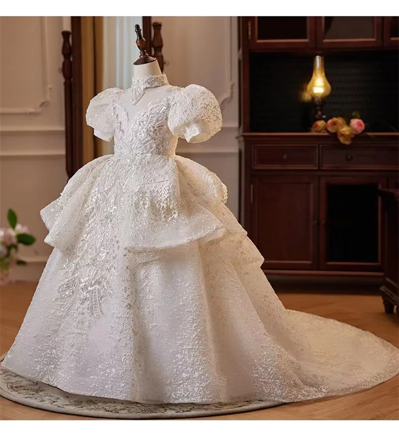 Ivory White Ball Gown Girls Dresses Short Puff Sleeve High Neck Long Train Princess Flower Girl Dress Pageant Christmas Gown