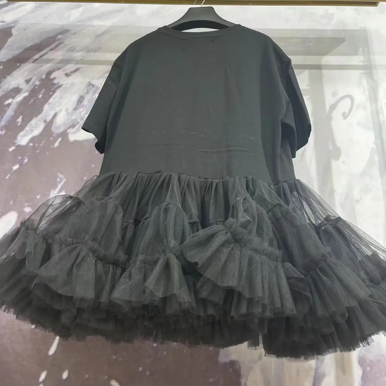 Original Design Dark Bow Cute Ball Gown Dress 2024 New Summer Short Sleeve T-shirt Elegant Mesh Splicing Mid-long Fairy Tops