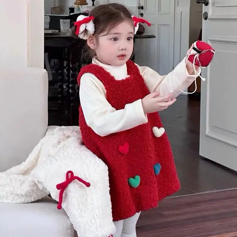 

Girls' Autumn and Winter Princess Dress Set, Korean Version Baby Vest New Year's Stylish One Year Old Dress