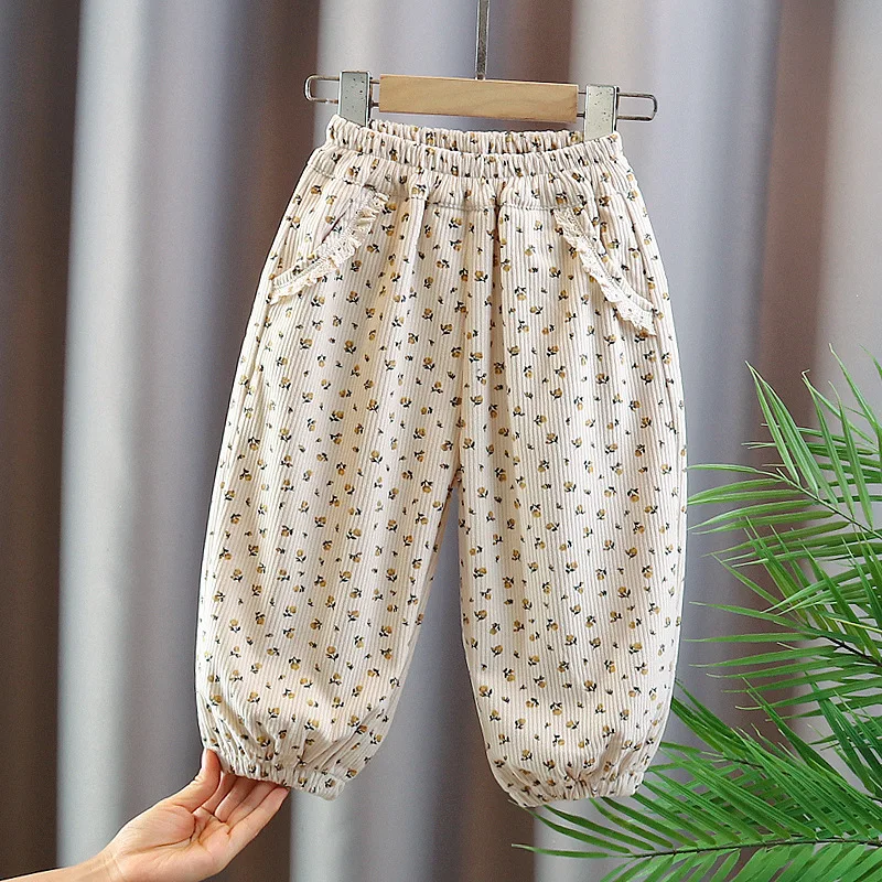 Children's Clothing, Girls' Casual Pants Spring and Autumn Korean New Children Full Printed Small Flower Bound Leg Pants