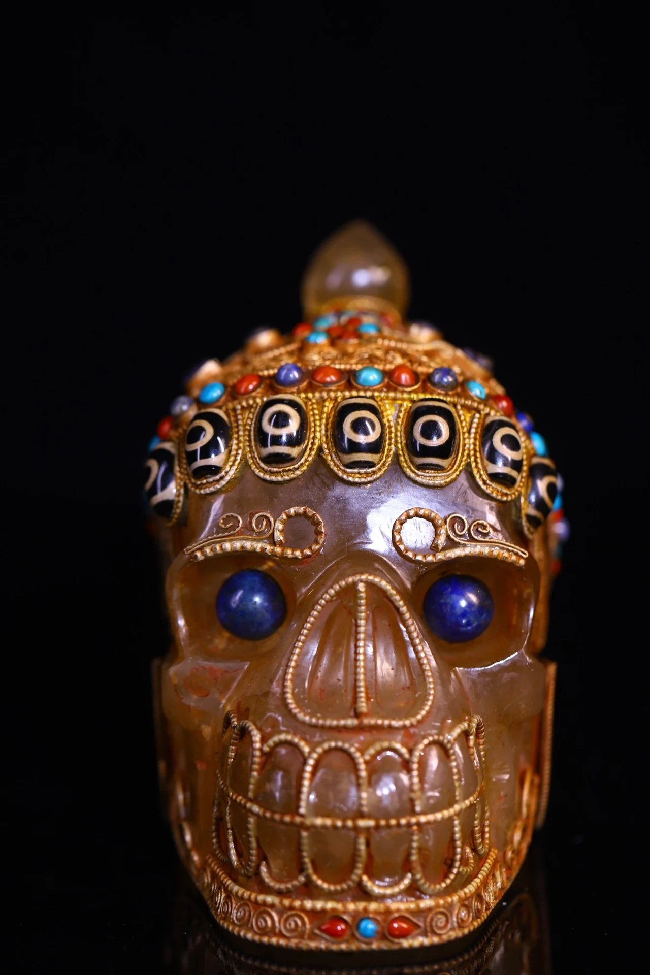 

5"Tibetan Temple Collection Old Natural Crystal Mosaic Gem gZi Beads Skull Buddha Crown Head Amulet Worship Hall Town house