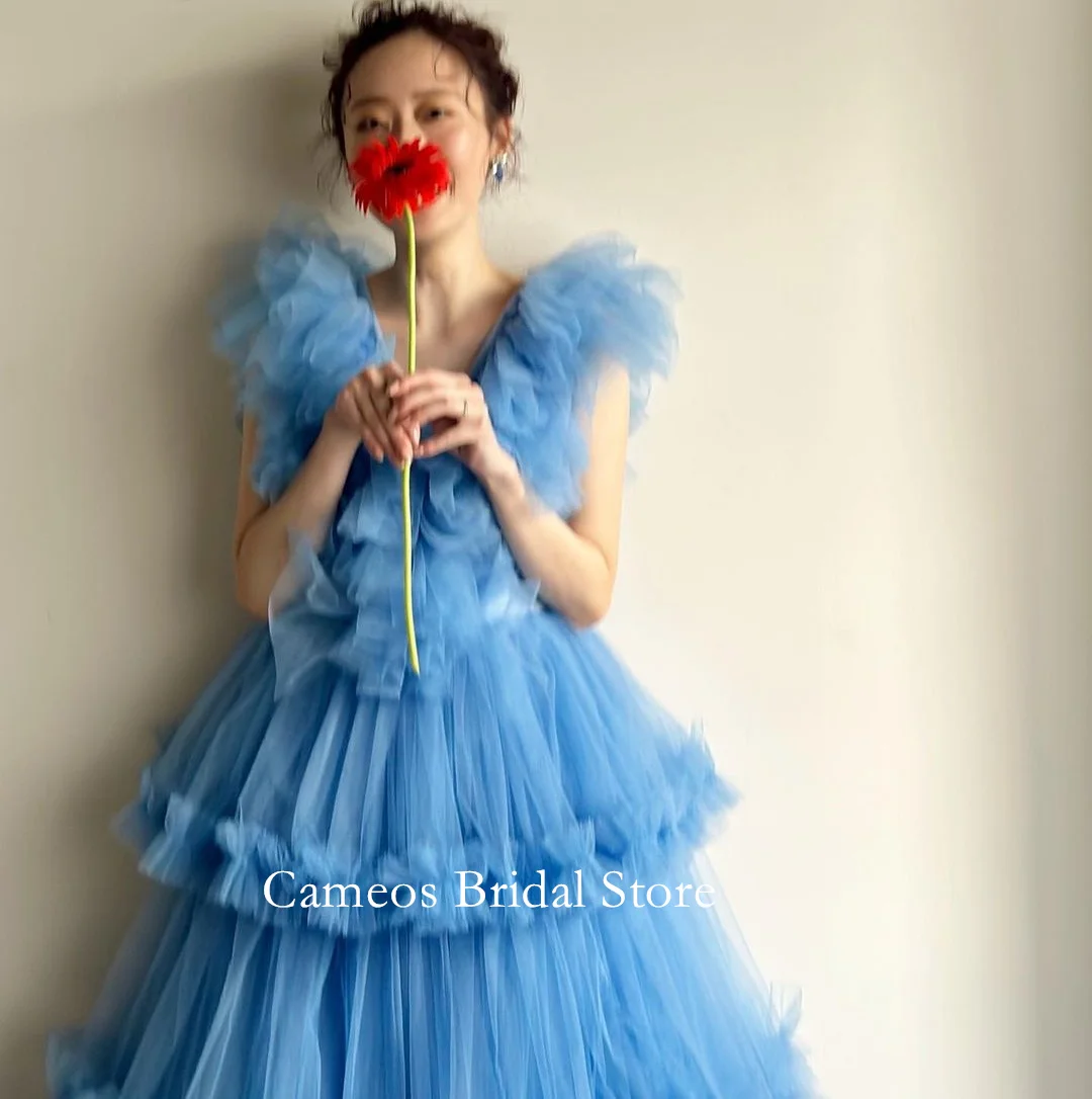 SONDR Layered Korea V-Neck Evening Dress Made Formal Prom Dress Customized Blue Backless 웨딩드레스 Occasion Party Evening Gown