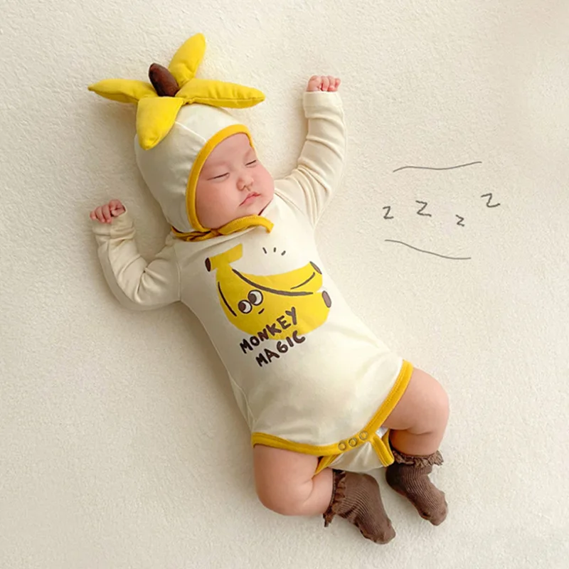 

Korean Summer Baby Clothes Cotton Onesie Banana Print with Hat Bodysuit Cute Newborn Boys Girls Romper Soft Toddler Outfits