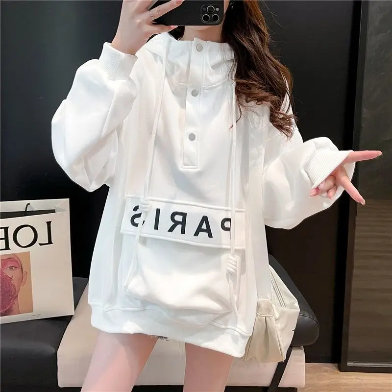 Female Casual Korean Shirring Buttons O-neck Long Sleeve Sweatshirts Autumn Winter Fleece New Simplicity Letter Mid Length Top