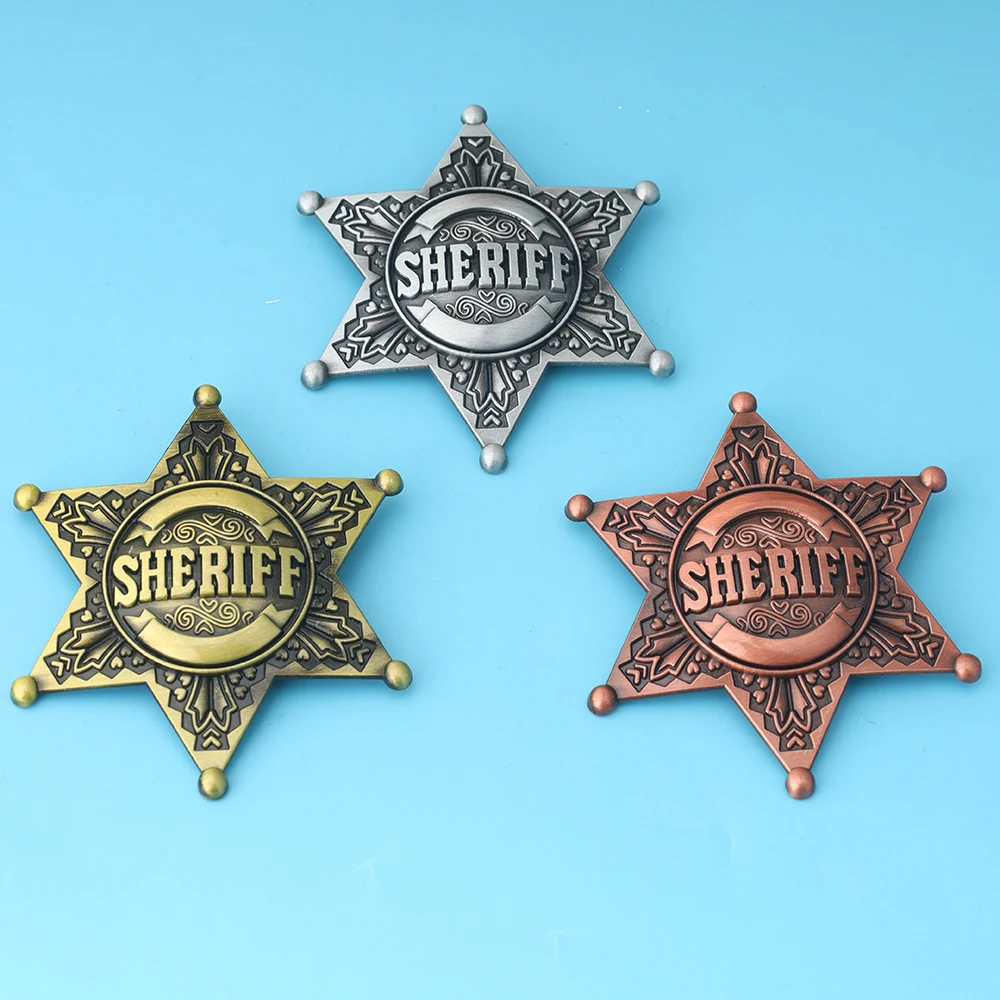 Cartoon SHERIFF DEPUTY Prizes Brooches Vintage Hexagon Star Honor Pin Badges Holloween Party Jewelry for Kids 48mm/1.9“