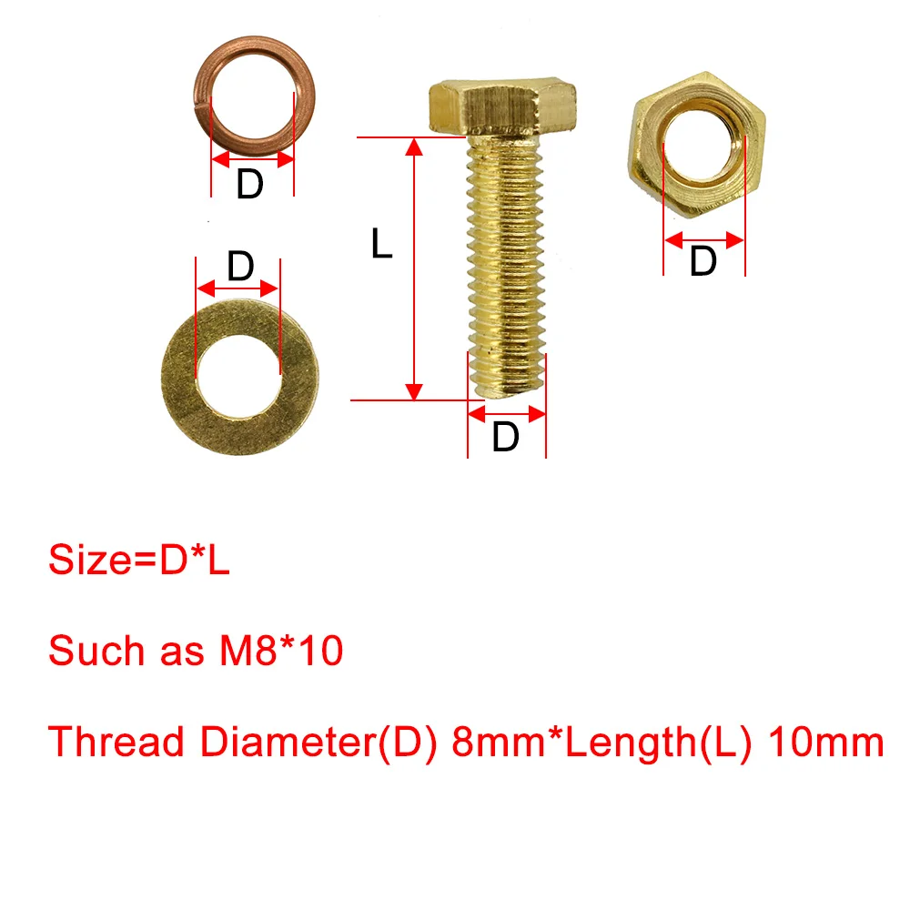 M4 M5 M6 M8 M10 M12 Brass Outer Hexagonal Bolt Machine Screw  Nut Flat Washer Elastic Washer Combination Set Copper 4 In1