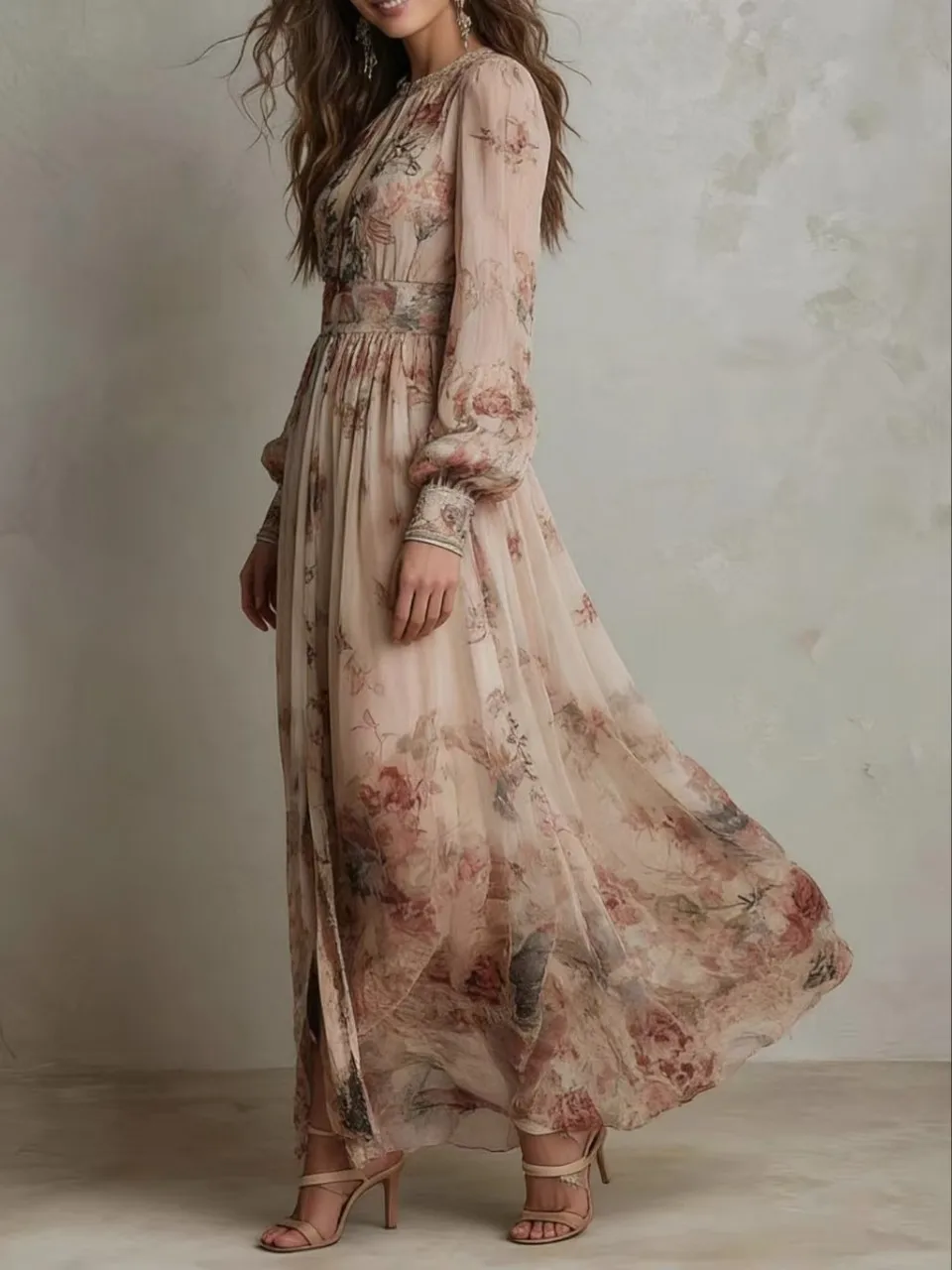 Elegant Long Sleeve Chiffon Long Dresses For Women 2026 Fashion Floral Print Slim Party Maxi Dress Casual