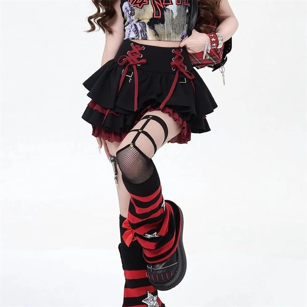 Japońska Lolita, słodka mini spódniczka damska, czarna, czerwona, fioletowa, z wysokim stanem, krótkie spódniczki, Y2k, urocza, seksowna, na ramiączkach, koronkowa spódniczka typu cake skirt.