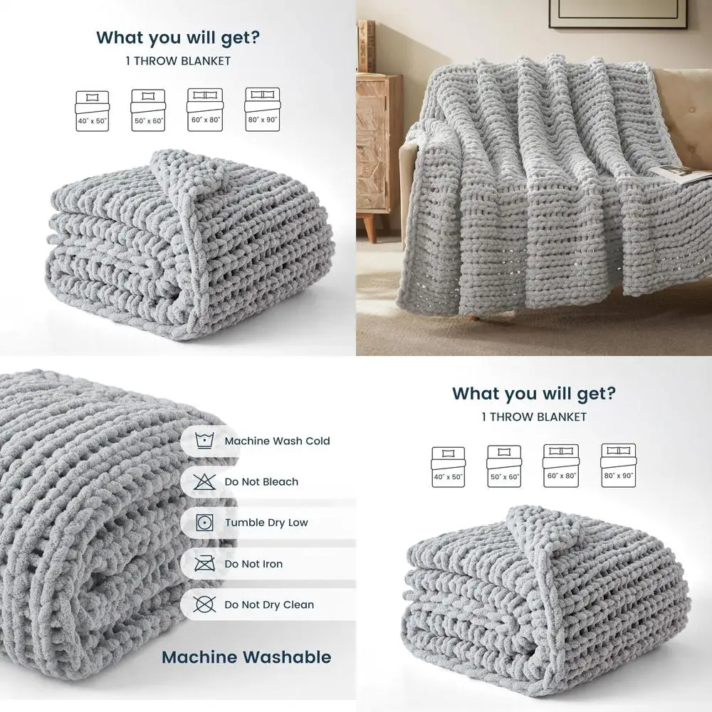 

Cozy Handcrafted Chunky Knit Throw Blanket - Soft Rope Knot Design for Couch & Bed (Grey, 60x80)