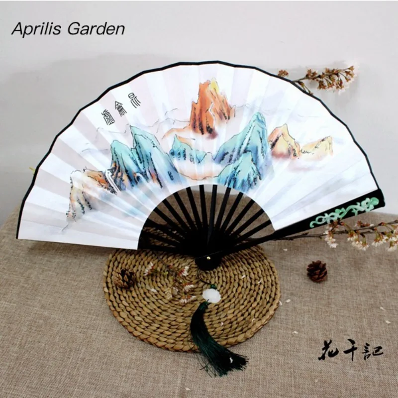 Kunlun Hand Chinese Decor Fan TV Props Silk Fan Folding Men's Bamboo Handicraft Handheld Fan Hanfu Abanico De Mano Cosplay