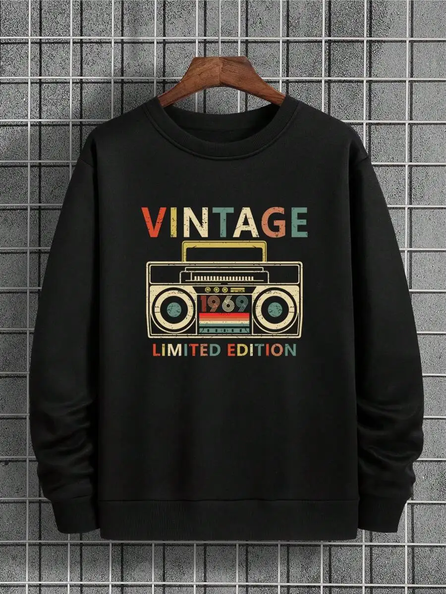 Men‘s Sweatshirt with Recorder And Letter Graphic Print Black Hoodie Vintage&Limited Edition Print Black Hoodie without Hat