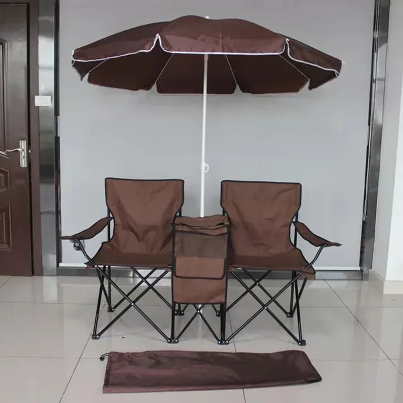 Double Folding Portable Camping Chair Patio Park Canopy Roof Shade with Umbrella Beach for Fishing in Outdoor Settings Iron