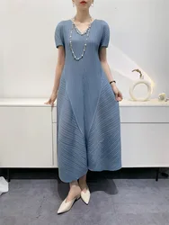 Miyake Summer Dress V-neck Temperament Ageing Fat MM Pleated Skirt Medium-length Models
