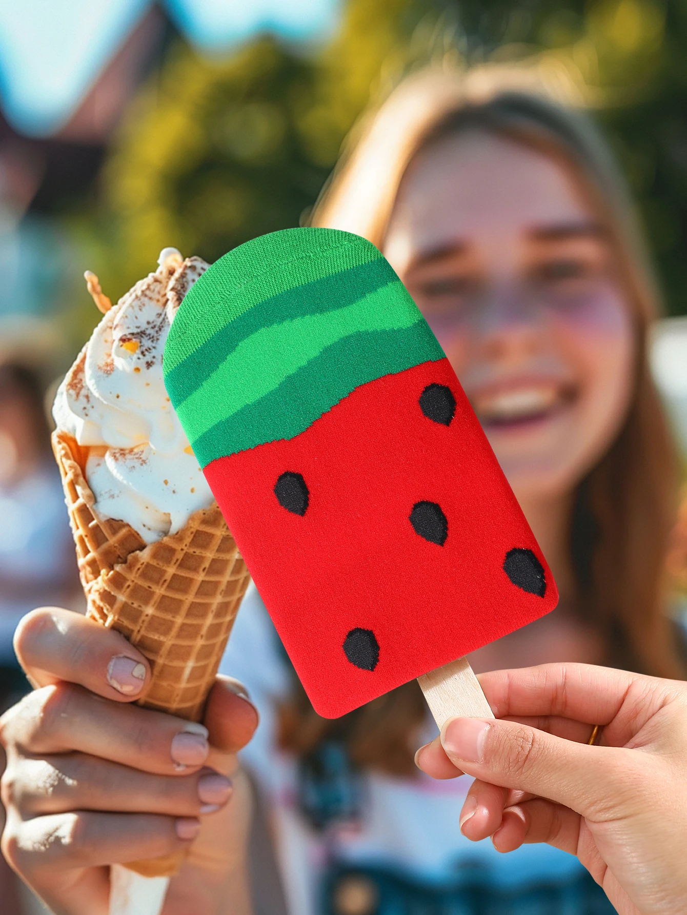 1 pair of mid-calf unisex socks in a novelty ice cream design, a unique and interesting festive gift.