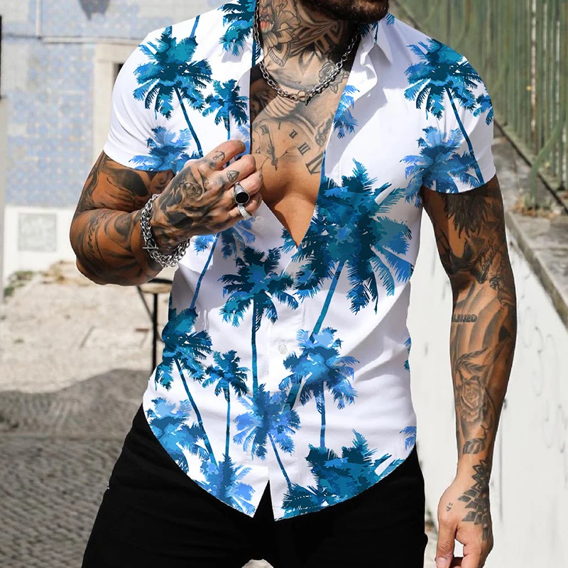 Camisa havaiana de manga curta masculina, camisa de coco, blusa de praia, estampada em 3D, tops de moda 5XL, 2023