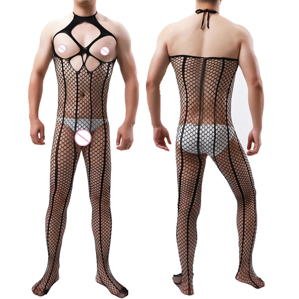 

Men Sexy Mesh Net Open Crotch Bodysuits Fishnet Body Stockings Pantyhose Backless Jumpsuit Lingerie Underwear