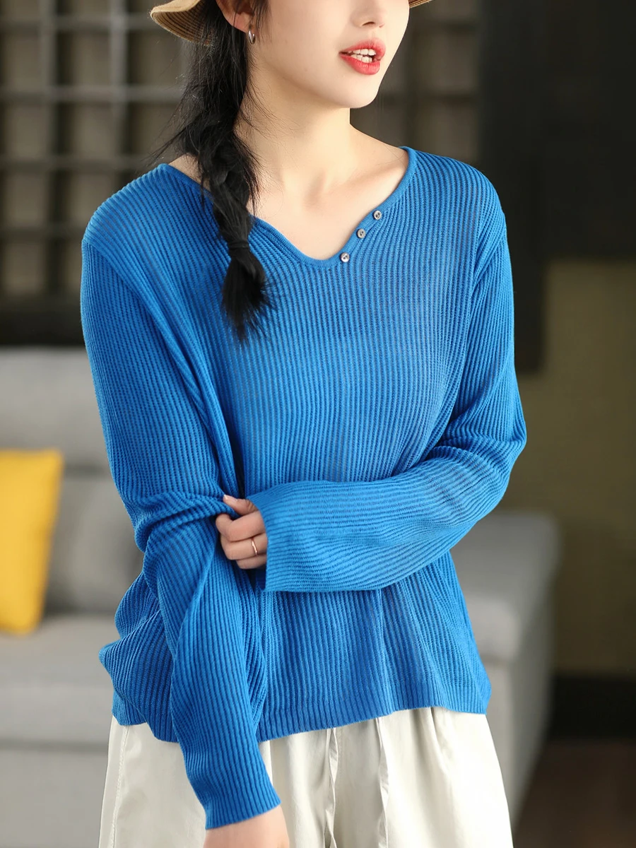 

Slimming Effect R P V-ne Long Sve Knitted Linen Women's Top Vintage Sle Loose Fit Spring Faion