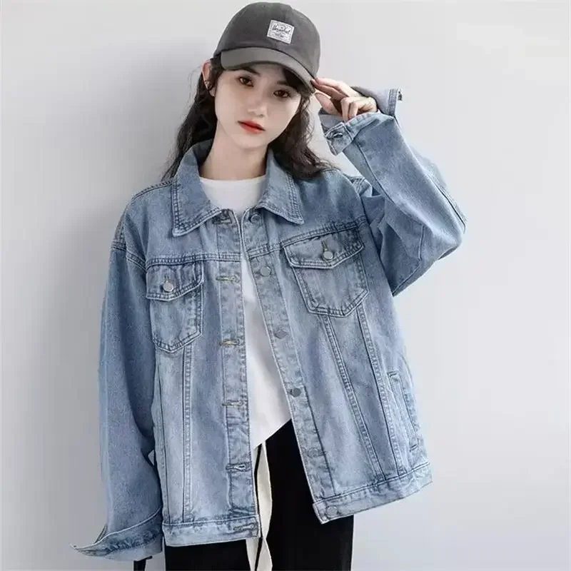 Women Cotton Denim Coat Fall Winter Korean Vintage Casual Oversize Blue Jackets Trend Loose Lapel Long Sleeve Wild Outwear