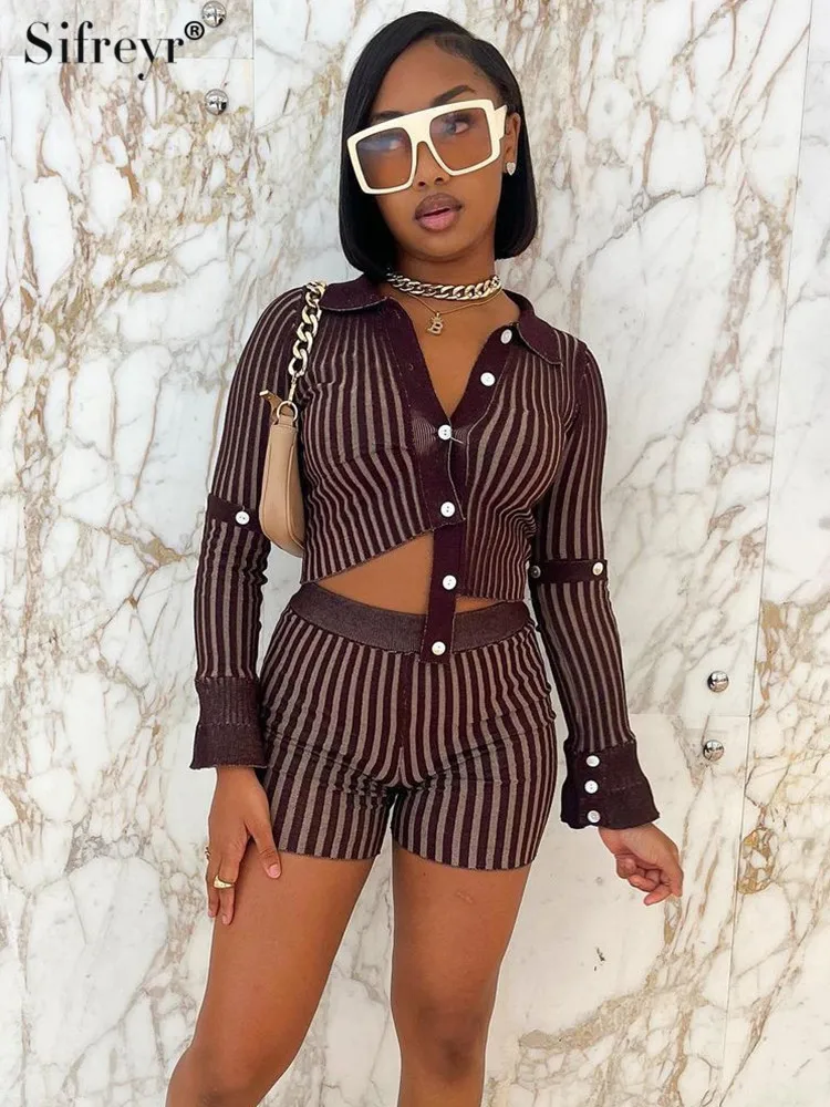 Sifreyr Knitted Striped Tops Set Turn Down Collar Long Sleeve Single Breasted Cardigan Fashion High Waist Casual Shorts Suit