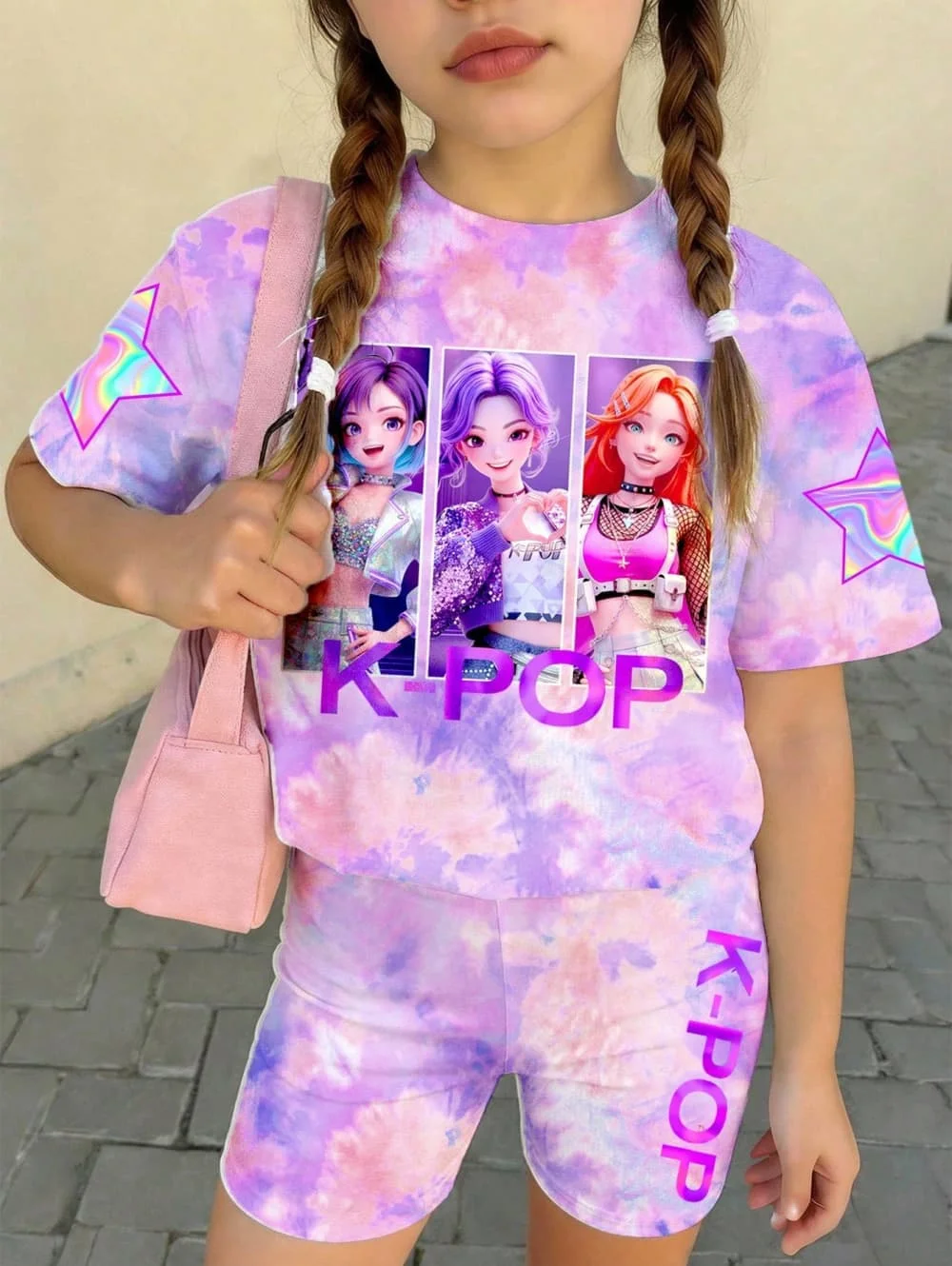 Kpop Cartoon Grafik Mädchen T-Shirt und Hosen Set Mädchen Sommerkleidung Niedliches Kurzarm-Set Kinder T-Shirt und Shorts Set – Detail 8