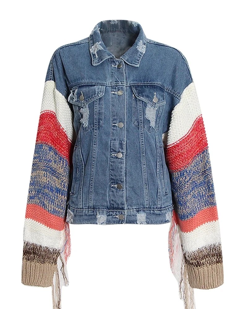 ROMISS Patchwork Knitted Denim Coats For Women Lapel Long Sleeve Hit Color Tassel Jackets Female Clothing Fashion Autumn 2024