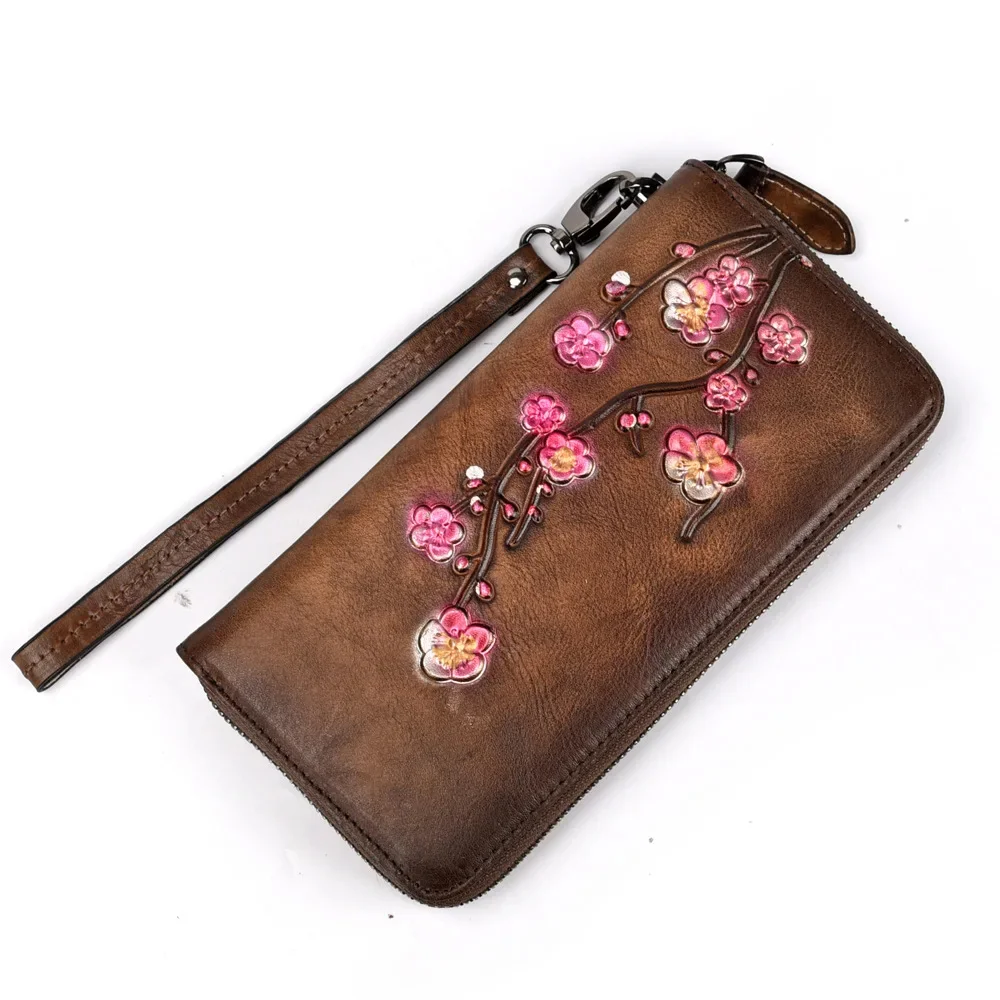 Embossed Female Zipper Purse Clutch Wrist Bags Cards Clip Plum Flower Retro Money Handy Bag Genuine Leather Women Long Wallet