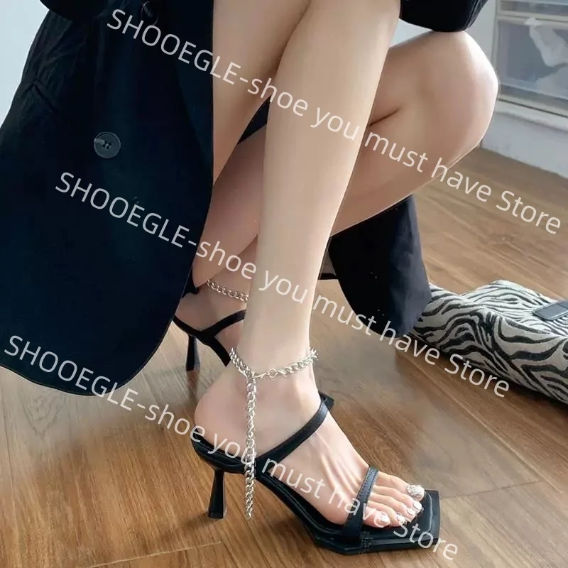 Women's Black Satin Square-Toe Stiletto Heel Mule Shoes Detachable Chain Anklet Design Ladies Spring Casual Outdoor Slippers