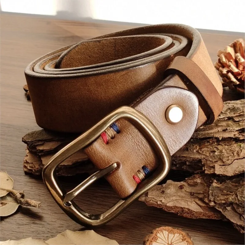 38CM wide thickened top-grain cowskin leather pure copper needle-buckle belt versatile waist