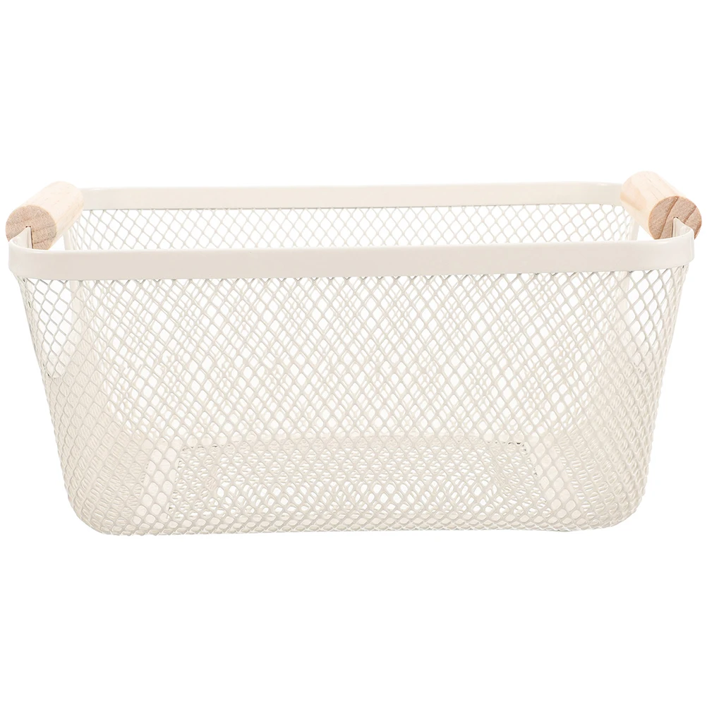 

Iron Mesh Storage Basket White Medium Rectangular Wire Baskets for Organizing Wooden Handle Home Decor Bathroom Organizer