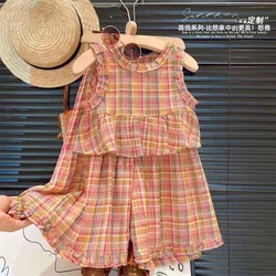 Children's Clothing Sets Colour Check Printing Ruffled Sleeveless Patchwork Top + Wide Leg Pants 2pcs Toddler Girl Clothes