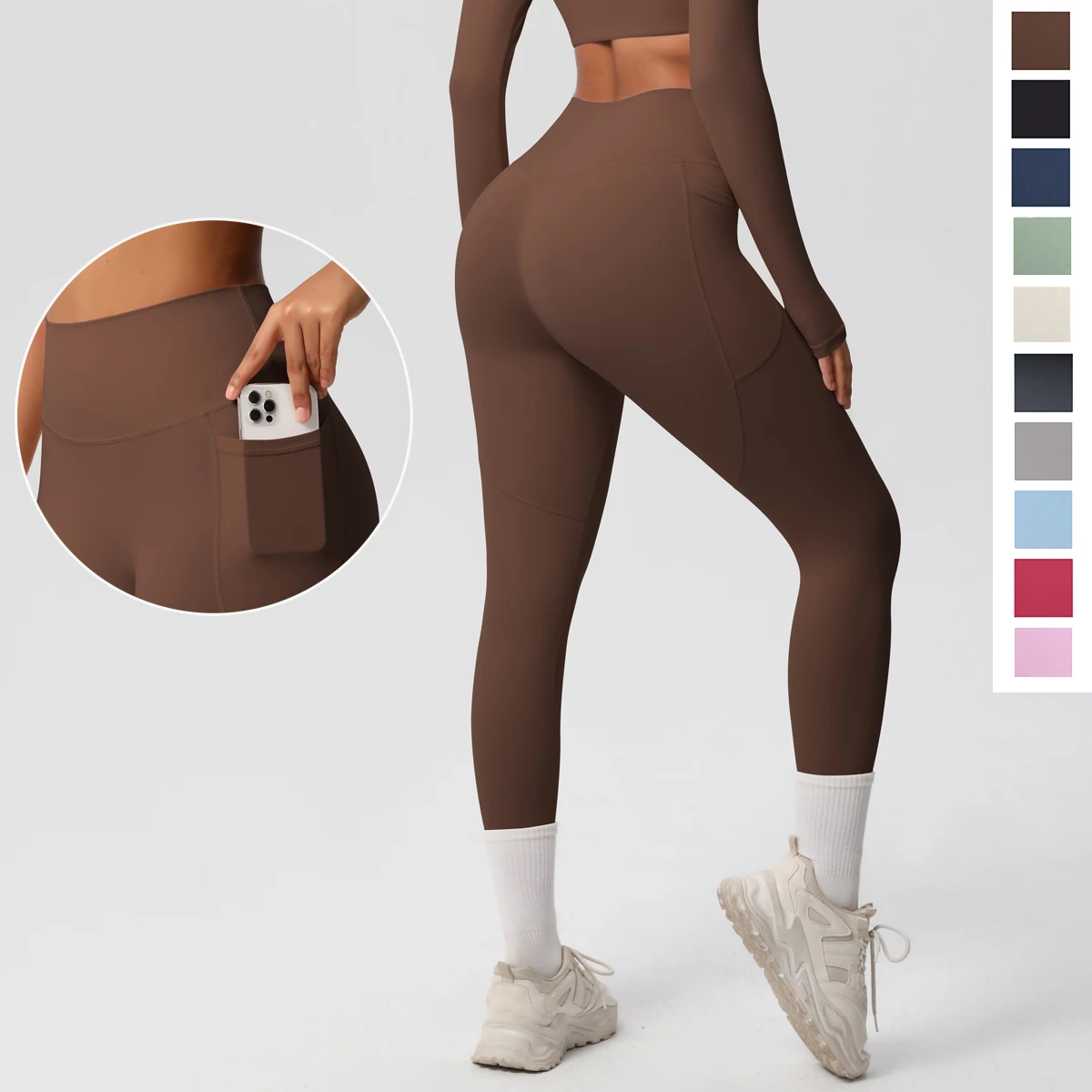 

1PC High Waisted Quick Drying Legging Yoga Pants Woman Gym Workout Solid Color Outdoor Running Peach Butt Yoga Pants With Pocket