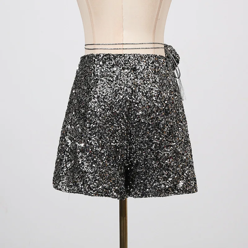 HKSH 여름 새로운 여성의 하이 스트리트 아메리칸 레트로 섹시한 핫 바지 세련된 트렌디 캐주얼 패치 워크 스팽글 슬리밍 반바지 HK8296