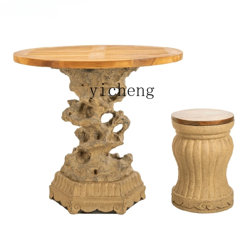 Tqh Chinese Garden Taihu Lake Stone Outdoor Courtyard Table and Chair Outdoor Teak Table Balcony Terrace Yard round Table