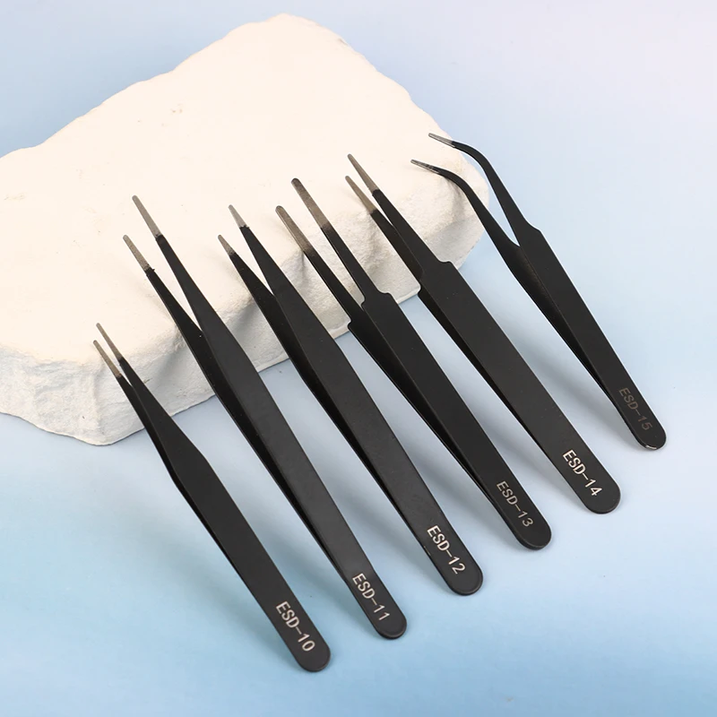 Strong Stainless Steel ESD Anti-Static Precision Tweezers Set - 6 tools for reliable electronic repairs and process bending&St
