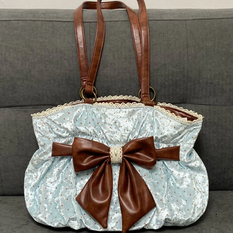 Ancient Retro Polka Dot Bow Thin and Clever Color Tote Bag Female Japanese Retro Literary and Simple Shoulder Bags for Women