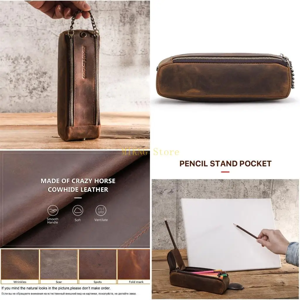 

Винтажный кожаный карандаш для чехла с двойной застежкой-молнией и защелкой для ручки, сумка-органайзер для карандашей, лучшая